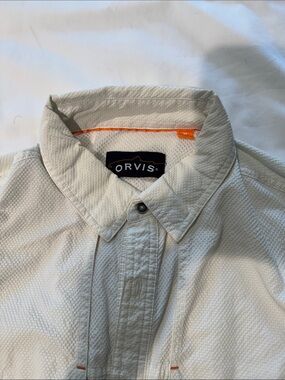 Orvis Men's Light Cream Button-Down Textured Shirt with Orange Trim